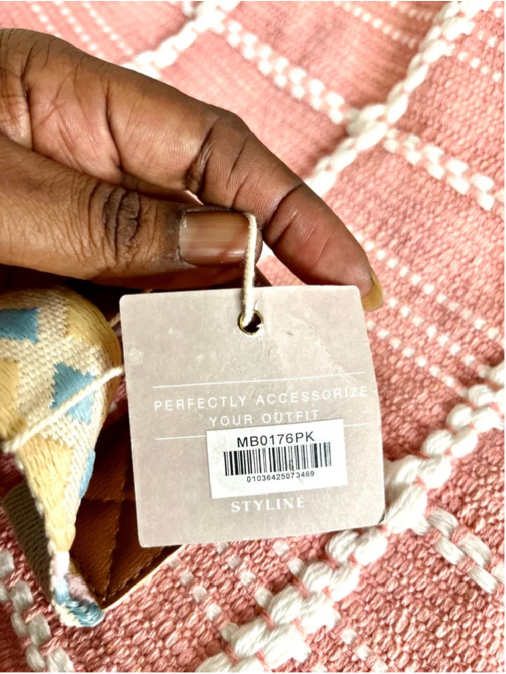 NWT Styliné branded fringe tote bag featuring a pink checkered pattern.